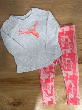 Puma Girls Light Gray Top with Pink Orange Logo & Pink Orange Patterned Leggings